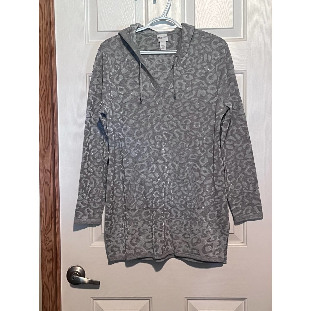 Zenergy by Chico's Women's Gray Silver Sparkle V-Neck Hoodie Pouch Pocket Size 1
